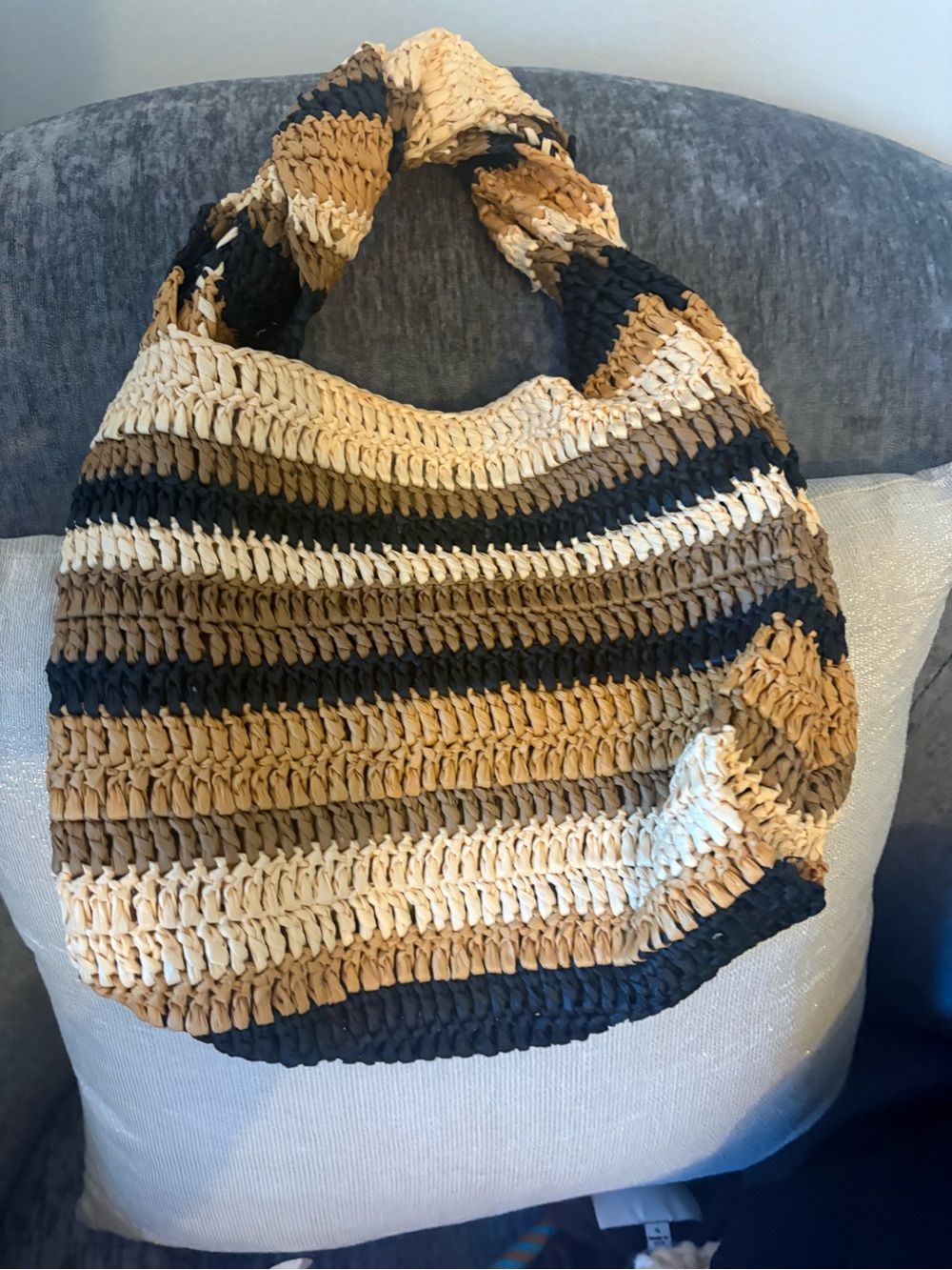 A.L.C. Striped Woven Shoulder Bag in Black, Tan & Cream